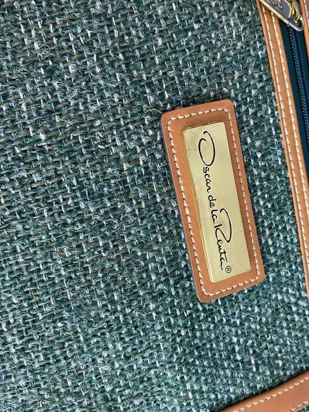 Oscar de la Renta Green Tweed Messenger with Tan Trim and Gold Hardware